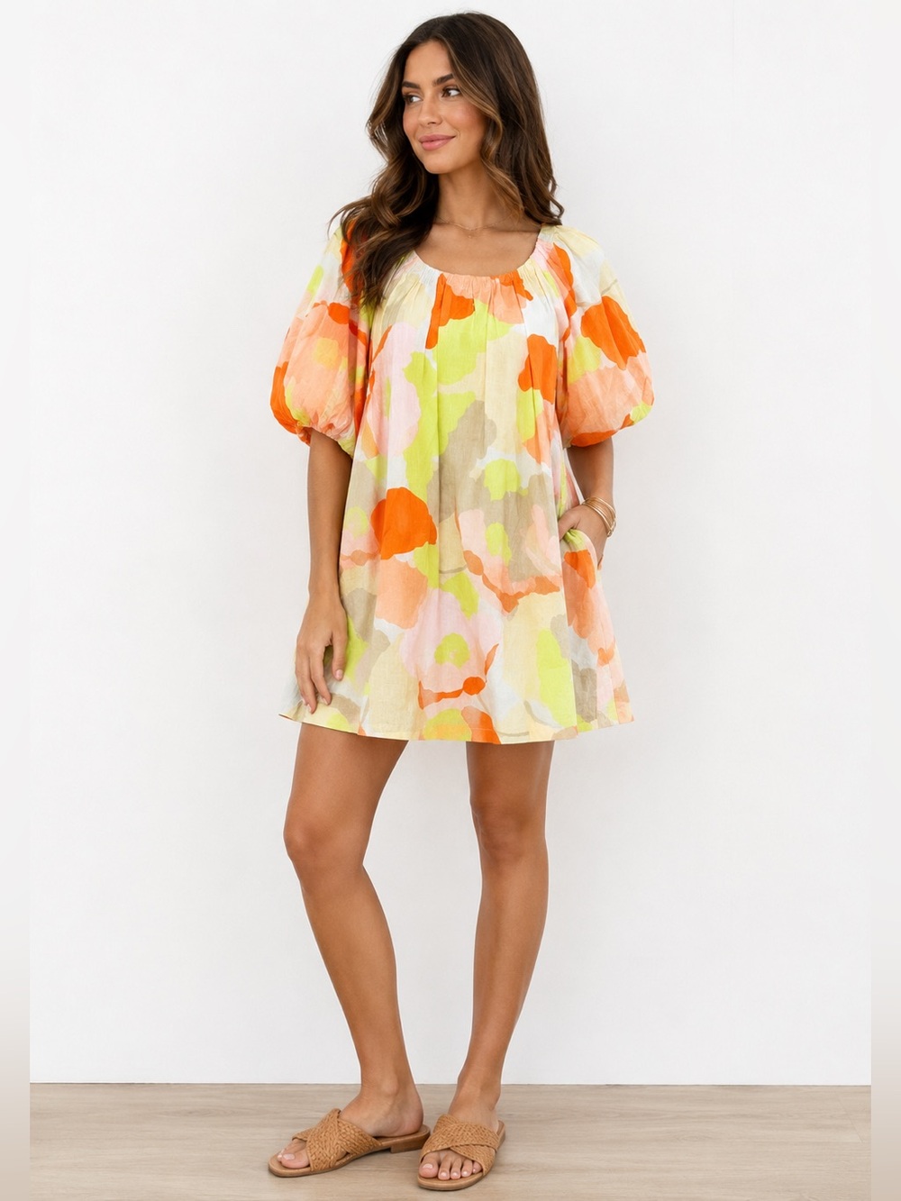 EVERY Linen Blend Babydoll Mini Dress Puff Sleeve Cottagecore Boho XS